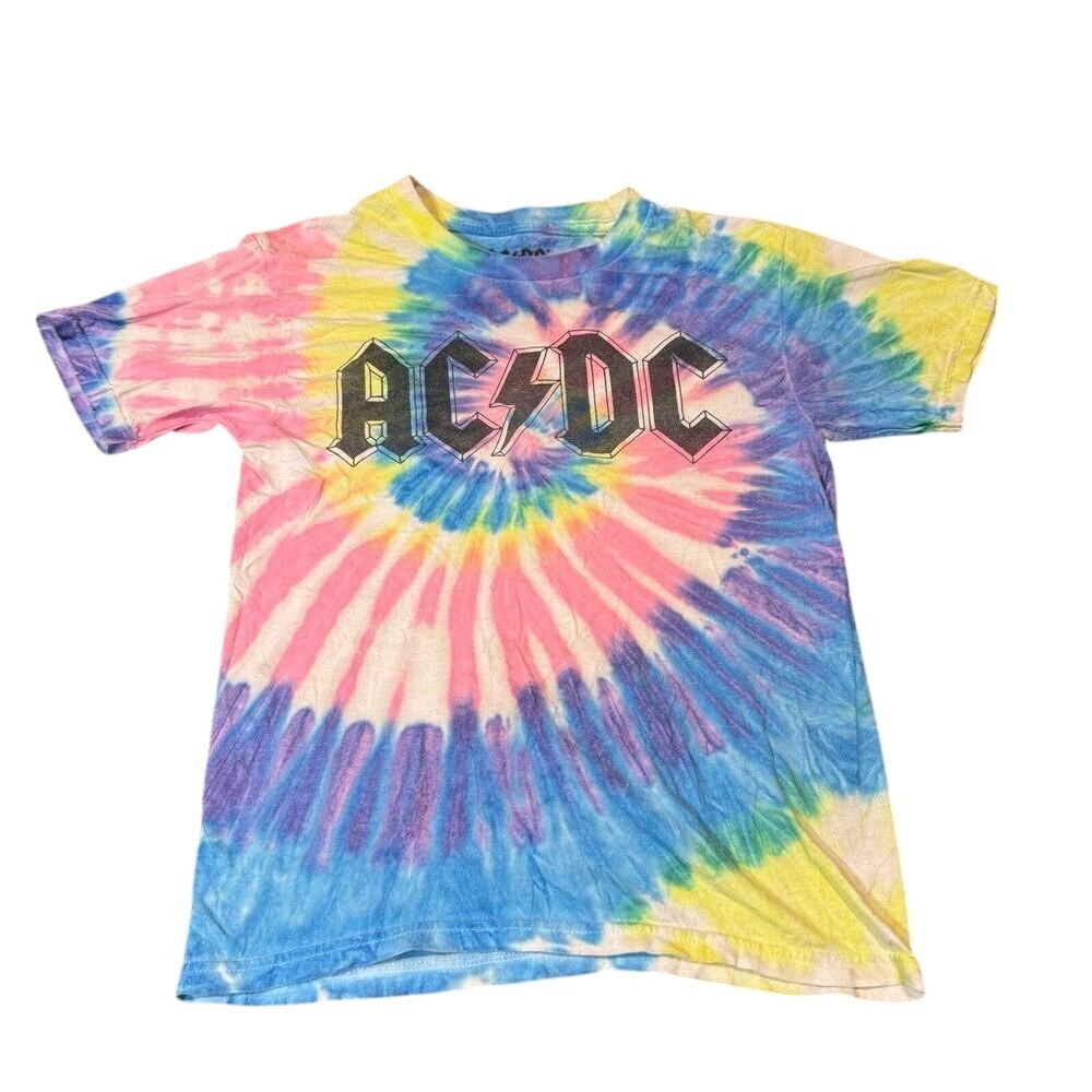AC/DC Tie Dye Graphic T-Shirt Womens XS Pink Blue‎ Yellow Spiral Rock Band Tee